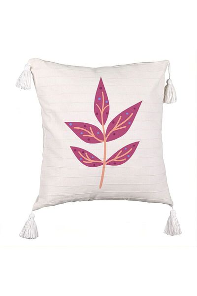 BEKZ Fringed Pillowcase, Floral Yuko Pattern, 45x45 cm, Ecru, With Zipper