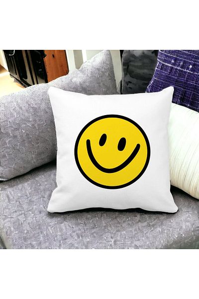 BEKZ Perna Decorativa Patrata Smiley Face 2,40x40 cm, Alba, Mata, Husa Detasabila, Burduf
