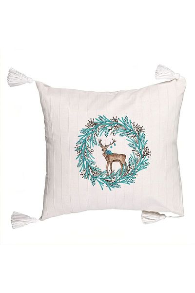 BEKZ Fringed Pillowcase Christmas Wreath and Reindeer, 45x45 cm, Ecru, With zipper