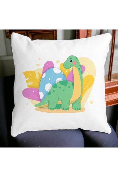 BEKZ Square Decorative Pillow Dinosaur Yellow Green, 40x40 cm, White, Matte, Removable Cover, Bellows