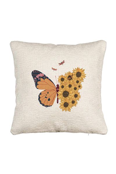 BEKZ Fata de perna Canapea, Model SunFlower Butterfly, 40x40 cm, Cu fermoar