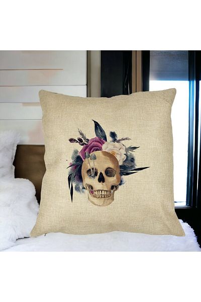 BEKZ Perna Decorativa cu motiv Craniu si Flori de Halloween, 40x40 cm, Husa Detasabila, Burduf