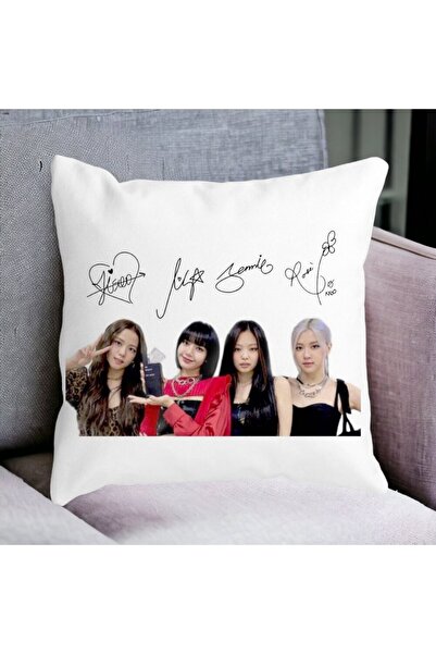 BEKZ Perna Decorativa Patrata Blackpink K-POP semnaturi, 40x40 cm, Alba, Mata, Husa Detasabila, Burduf