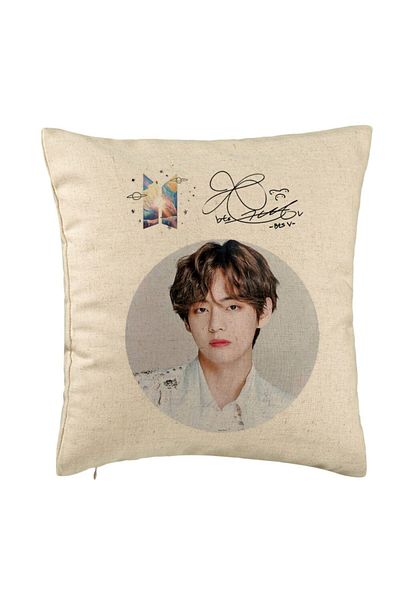 BEKZ Perna Decorativa BTS V cu semnatura, 40x40 cm, Bej, Husa Detasabila, Burduf