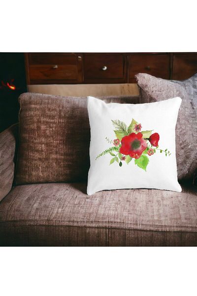 BEKZ Square Decorative Cushion Floral Poppy, 40x40 cm, White, Matte, Removable Cover, Bellows