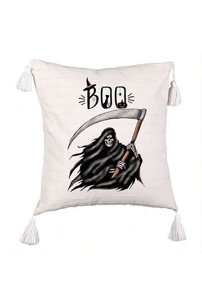 BEKZ Decorative Pillow with Fringes with The Grim Reaper Motif, Halloween, 45x45 cm, Ecru, With Zipper