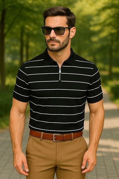 LC Waikiki Lc Waiki Half Zipper Knitwear Horizontal Line Pattern Men's Polo Neck T-Shirt
