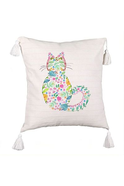 BEKZ Decorative Pillow with Fringes, Cat with Flowers Pattern, Multicolor, 45x45 cm, Ecru, With Zipper