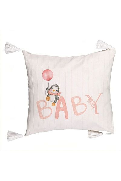 BEKZ Decorative Pillow with Fringes, Baby Pattern, 45x45 cm, Ecru, With Zipper