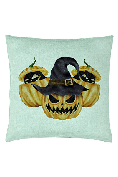 BEKZ Perna Decorativa cu motiv Dovleac de Halloween 3, 40x40 cm, Verde Menta, Husa Detasabila, Burduf