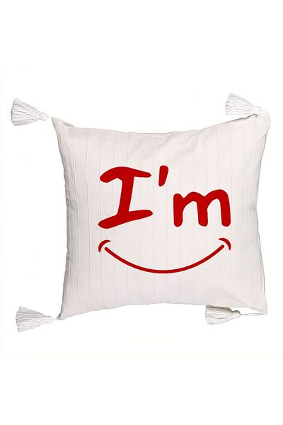 BEKZ Fringed Pillowcase, I'm Happy Model, 45x45 cm, Ecru, With zipper
