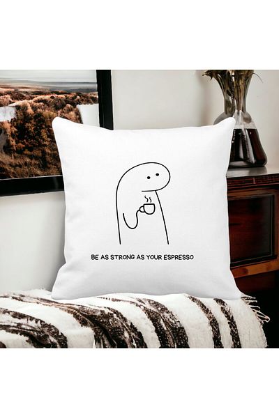 BEKZ Decorative Pillow, Be As Strong As Your Espresso, 40x40 cm, White, Matte, Removable Cover, Bellows
