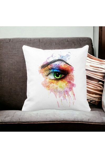 BEKZ Perna Decorativa Patrata Multicolor Eye, 40x40 cm, Alba, Mata, Husa Detasabila, Burduf