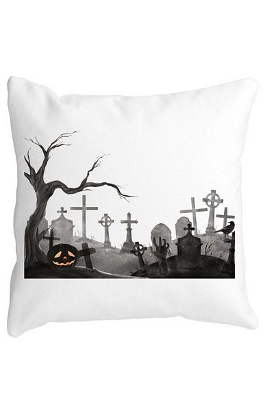 BEKZ Decorative Pillow with Halloween Cemetery Motif, 40x40 cm, White, Matte, Removable Cover, Bellows