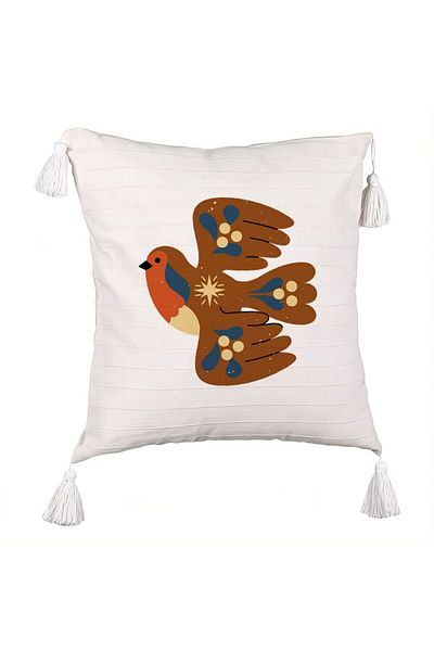BEKZ Fringed Pillowcase, Bird Pattern, 45x45 cm, Ecru, With Zipper