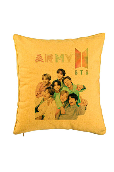 BEKZ Perna Decorativa BTS Army cu Semnaturi 2, 40x40 cm, Galben, Husa Detasab...