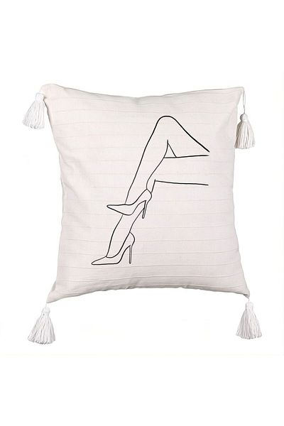 BEKZ Decorative Pillow with Fringes, Abstract Lines Woman Legs Pattern, 45x45 cm, Ecru, With Zipper