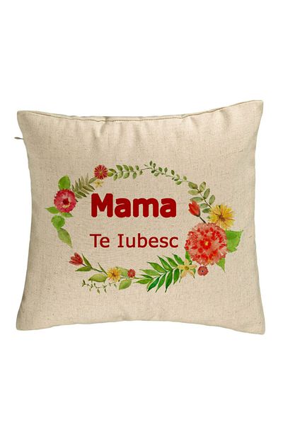 BEKZ Perna Decorativa, Model Pentru Mama Te iubesc 2, 40x40 cm, Bej, Husa Detasabila, Burduf