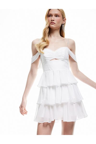 Koton New Season Heart Collar Butterfly Sleeve Layered Flounce Mini Dress