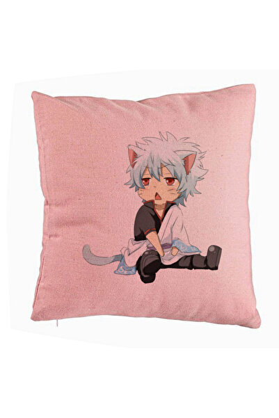 BEKZ Perna Decorativa cu Gintama Gin Cat, 40x40 cm, Roz, Husa Detasabila, Burduf