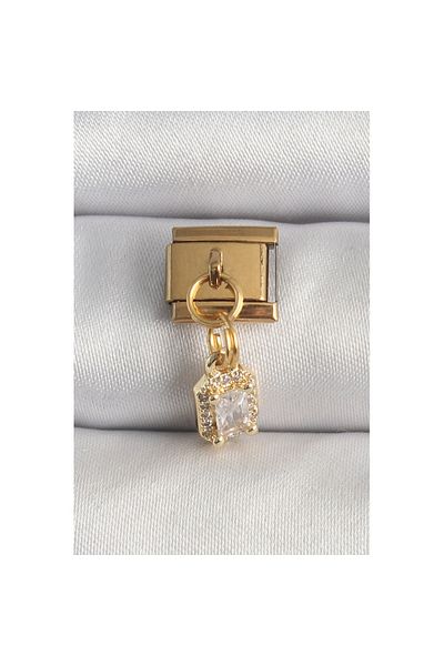 Skygo 316L Steel Gold Color Hanging Zircon Stone Square Model Nomination Charm - Tj-Bc1348
