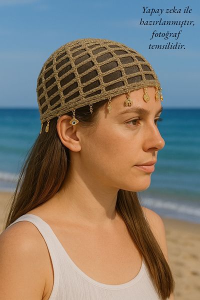Satürn Hobi Knitted Bohemian Gold Accessory Detailed Glitter Mesh Beret & Bandana & Buckle
