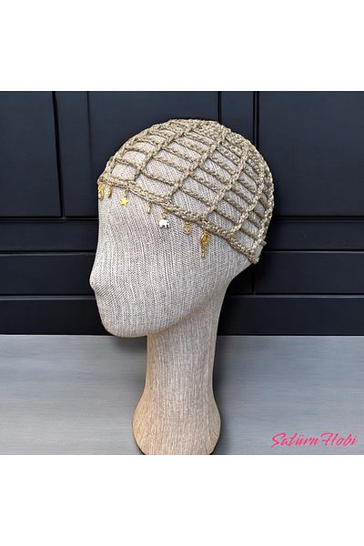 Satürn Hobi Knitted Bohemian Gold Accessory Detailed Glitter Mesh Beret & Bandana & Buckle