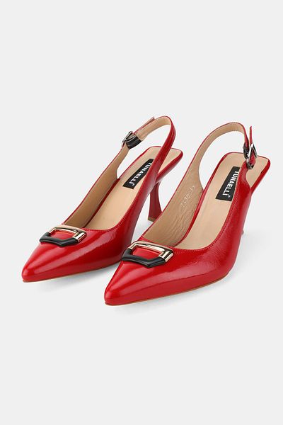 TUNAELLİ Women's Red Patent Leather Genuine Leather 34-35-41 Number Medium Heel Buckle Back Open Shoes