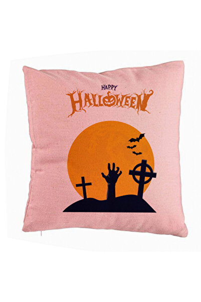 BEKZ Perna Decorativa cu motiv de Halloween 2, 40x40 cm, Roz, Husa Detasabila...