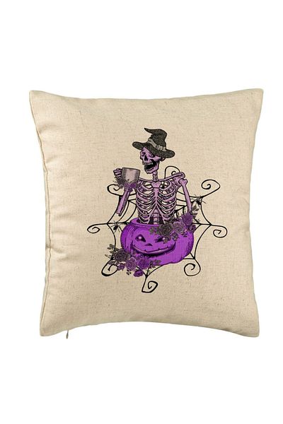 BEKZ Fata De Perna Cu Motiv Sechelet De Halloween 4, 40x40 Cm, Bej, Husa Detasabila