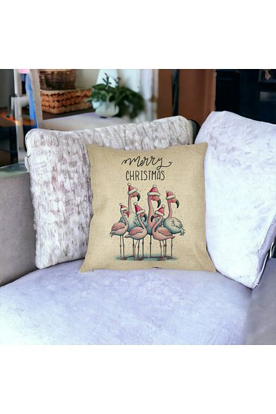 BEKZ Perna Decorativa cu tematica de Craciun, Flamingo si Text, 40x40 cm, Husa Detasabila, Burduf