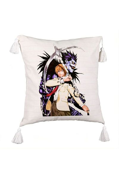 BEKZ Decorative Pillow with Fringes with Deathnote 1, 45x45 cm, Ecru, With zipper