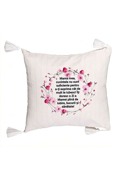BEKZ Decorative Pillow with Fringes, Pattern with Pattern for Mom with text 45x45 cm, Ecru, With zipper