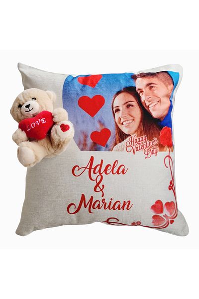 BEKZ Pernă Personalizată Ziua Îndrăgostiților cu Nume și Fotografie + Ursuleț
