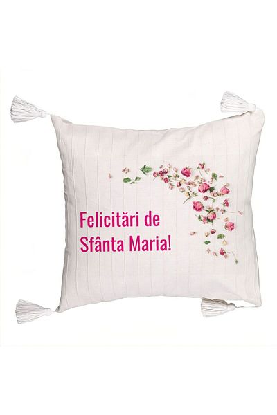 BEKZ Fringed Pillowcase, Saint Mary's Greetings Pattern, 45x45 cm, Ecru, With zipper