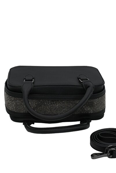 Morpelikan Women's Stylish Detailed Zippered Adjustable Cross Strap Black Hand and Shoulder Bag