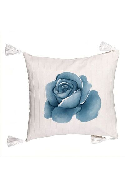 BEKZ Decorative Pillow with Fringes, Floral Rose Ecru Pattern, 45x45 cm, Ecru, With Zipper