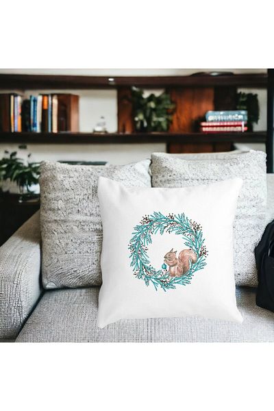 BEKZ Decorative Pillow Christmas Wreath and Squirrel, 40x40 cm, White, Matte, Removable Cover, Bellows