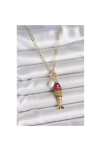 Skygo Gold Color Brass Necklace with Pearl Detail Zircon Stone Rainbow Fish Figure - Tj-Bko10215