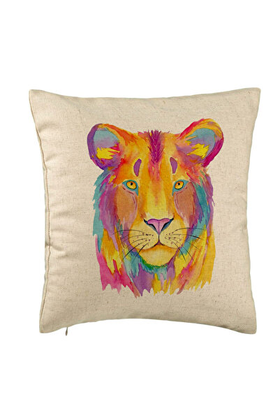 BEKZ Decorative Pillow, Colorful Lion Pattern, 40x40 cm, Beige, Removable Cov...
