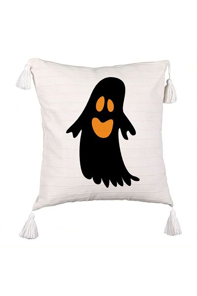 BEKZ Decorative Pillow with Fringes with Halloween Ghost 2 motif, 45x45 cm, Ecru, With zipper