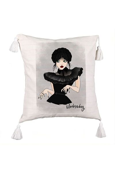 BEKZ Decorative Pillow with Fringes, Wednesday Addams Dancing Hands 3 Model, 45x45 cm, Ecru, With zipper