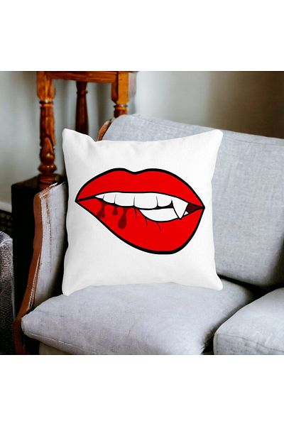 BEKZ Perna Decorativa Buze Femeie si Dinte de Vampir, 40x40 cm, Alba, Mata, Husa Detasabila, Burduf