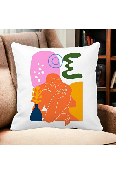 BEKZ Perna Decorativa Patrata Abstracta 1,40x40 cm, Alba, Mata, Husa Detasabila, Burduf