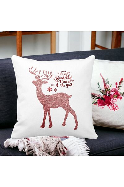 BEKZ Christmas Decorative Pillow With Reindeer And Text 1, 40x40 Cm, White, Matte, Removable Cover, Bello