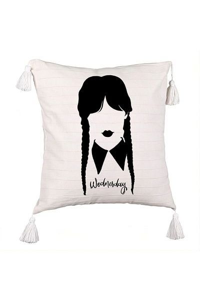 BEKZ Decorative Pillow with Fringes, Wednesday Addams 2 Model, 45x45 cm, Ecru, With zipper