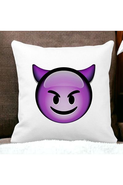 BEKZ Perna Decorativa Patrata Emoji Diavol, 40x40 cm, Alba, Mata, Husa Detasabila, Burduf