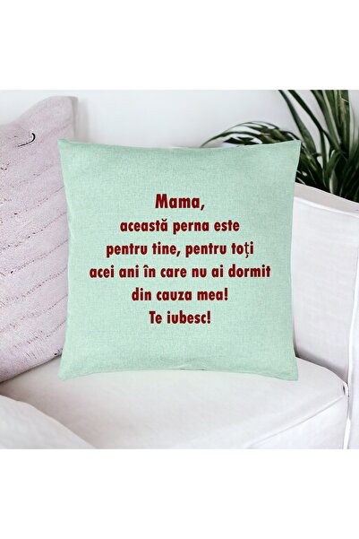 BEKZ Perna Decorativa, Model Pentru Mama Te iubesc 3, 40x40 cm, Verde Menta, Husa Detasabila, Burduf