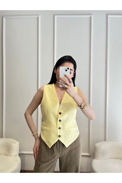 Zims Butik Astarlı Beli Ayarlanabilir Keten Yelek Sarı