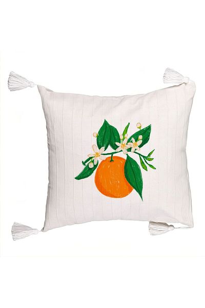 BEKZ Decorative Pillow with Fringes, Orange Pattern, 45x45 cm, Ecru, With Zipper